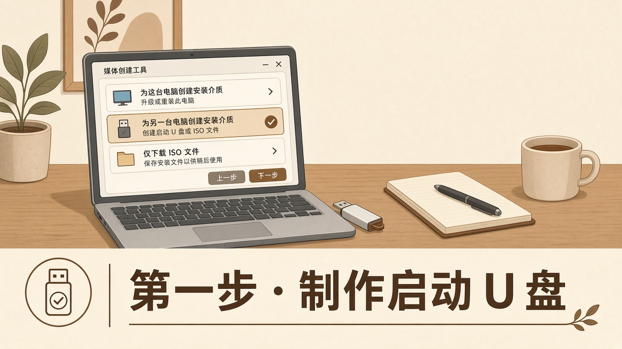 媒体创建工具把 Windows 11 写入 U 盘的示意图