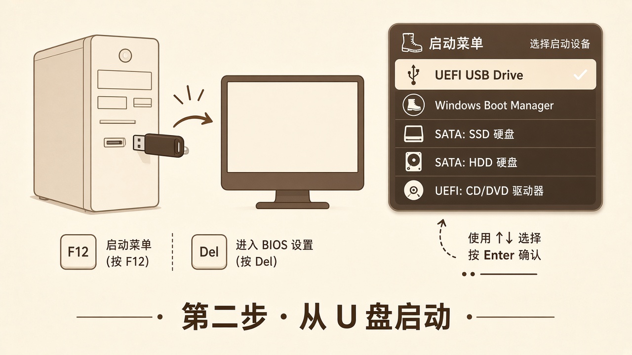 开机按 F12 等键打开启动菜单并选择 U 盘的示意图