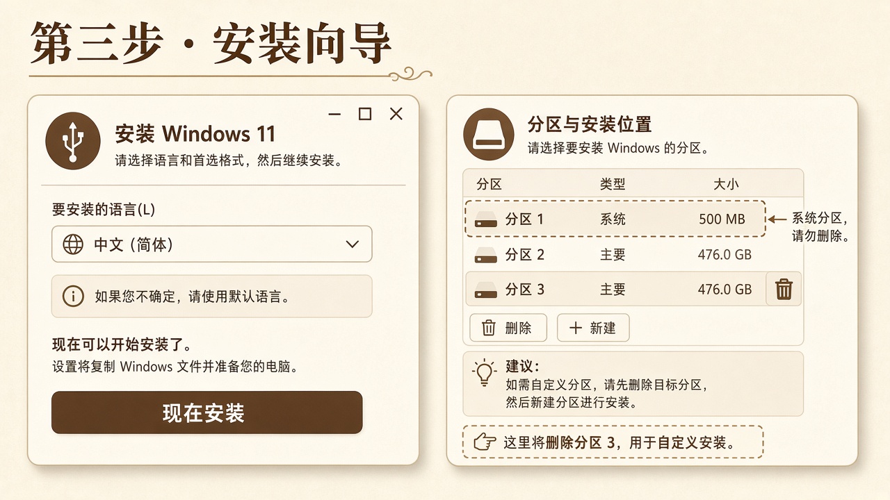 Windows 安装向导选择语言、现在安装和自定义分区的示意图
